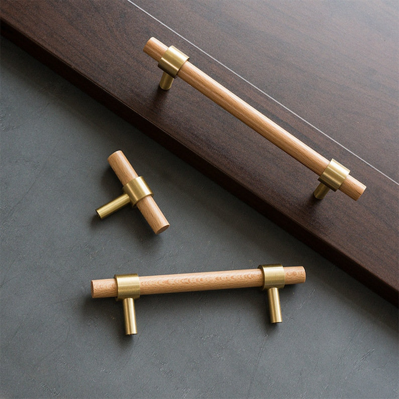 Walnut & Beech Wooden Liberty Hardware Cabinet Pulls With Brass Base