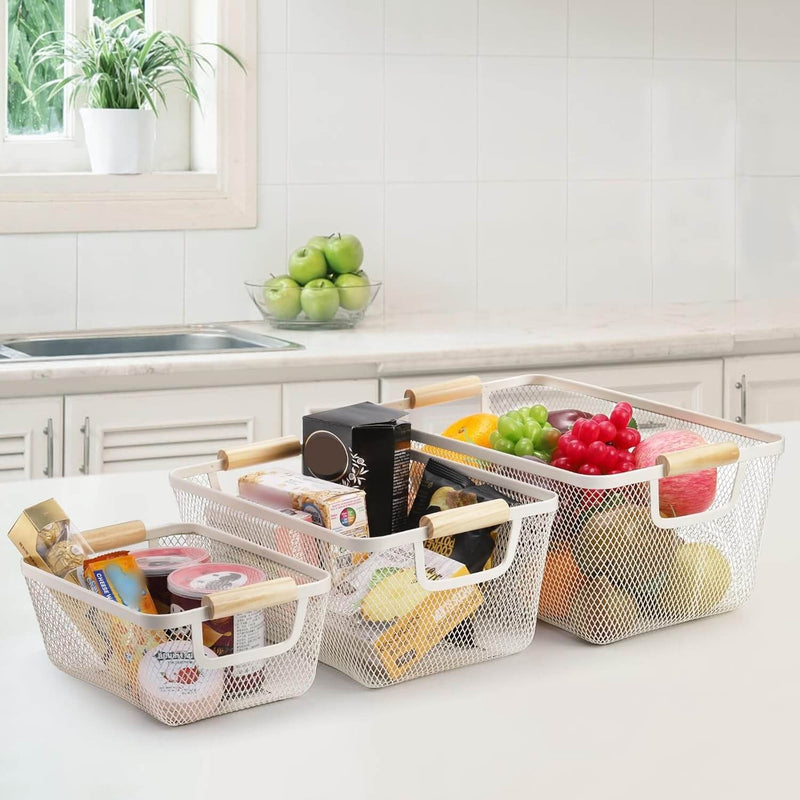 White Mesh Basket with Wooden Handles