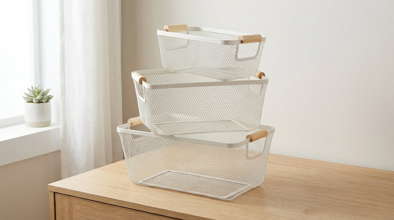 White Mesh Basket with Wooden Handles