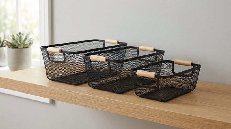 Black Mesh Basket with Wooden Handles