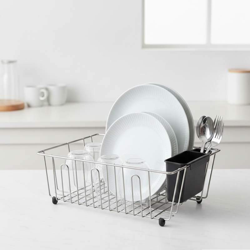 Dish rack with plates and utensils on a kitchen counter