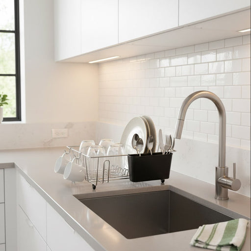 Modern kitchen with a sink, dish rack, and window view