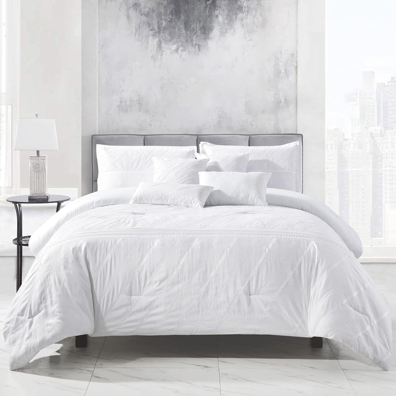 Sara White Textured Geometric Stripe Embroidered Lightweight Comforter Set