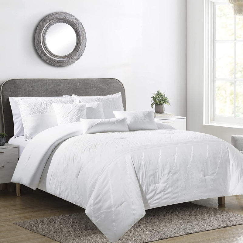 Sara White Textured Geometric Stripe Embroidered Lightweight Comforter Set