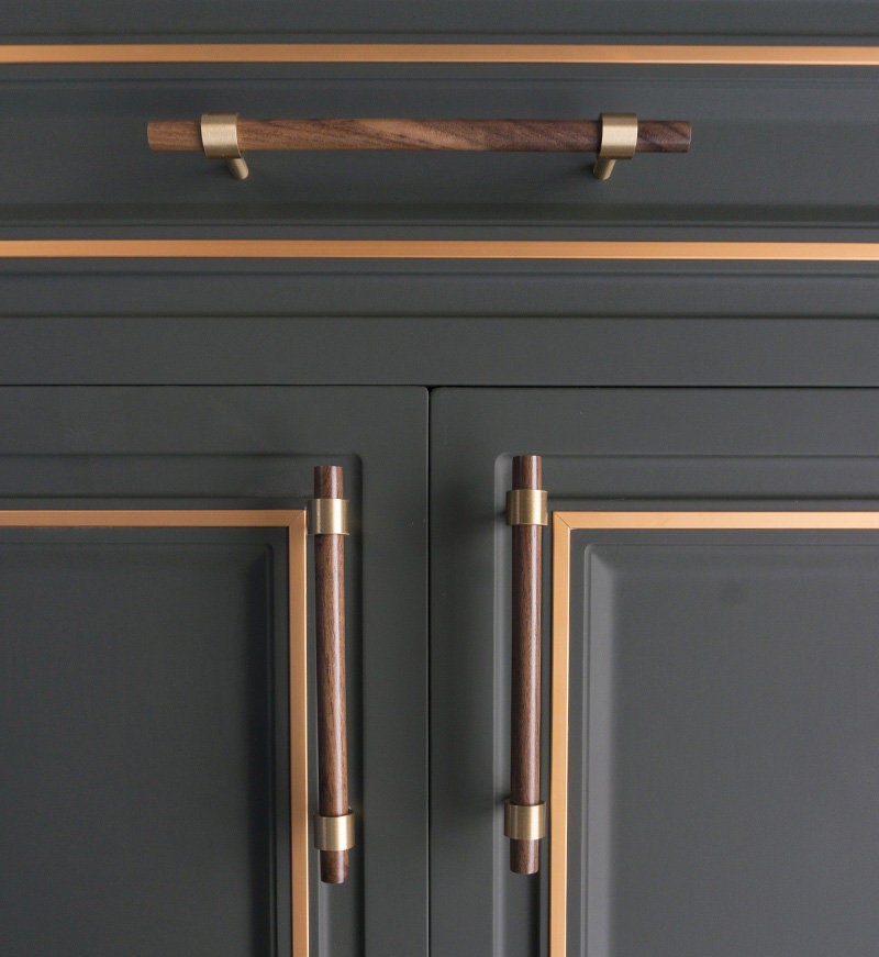 Walnut & Beech Wooden Liberty Hardware Cabinet Pulls With Brass Base